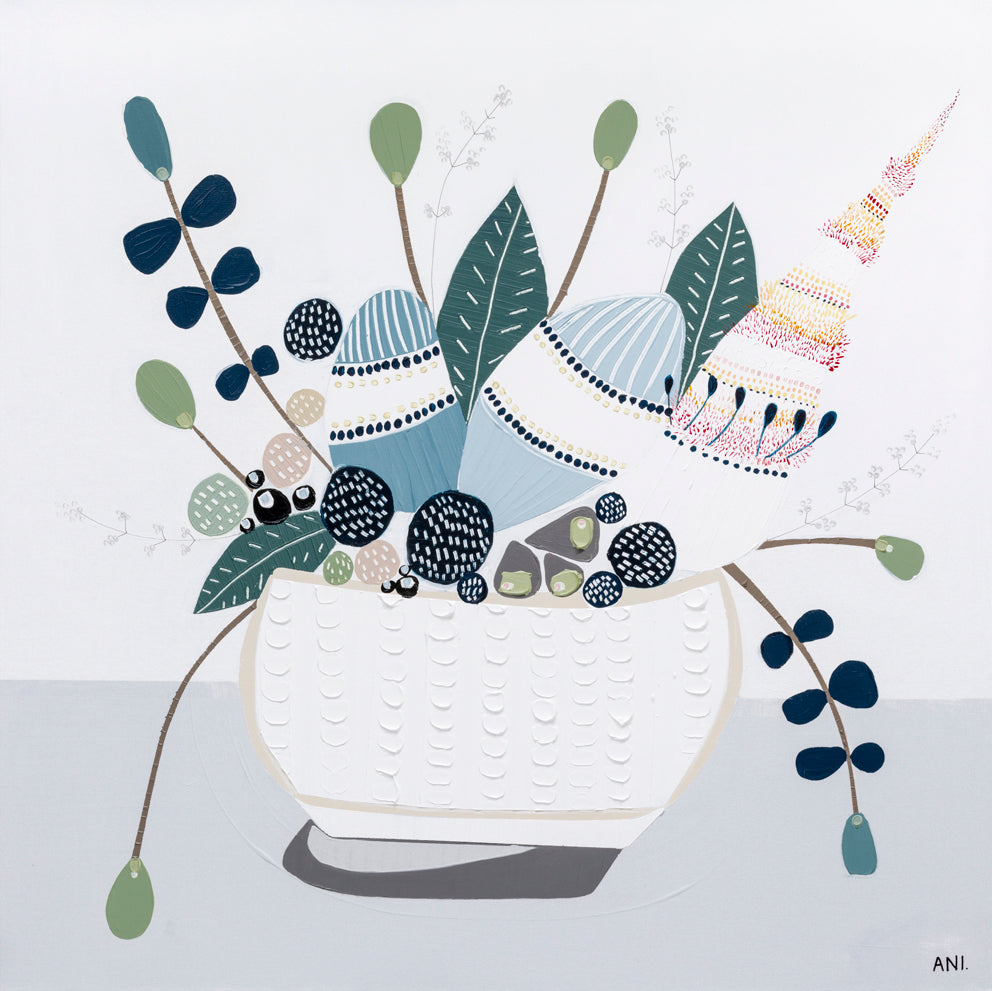 Hamptons Bouquet No. 2 print by Ani Ipradjian – abstract floral art featuring Australian Banksia in a soft blue and green palette. Coastal-inspired wall art perfect for modern interiors, Hamptons décor, and Australian art lovers.