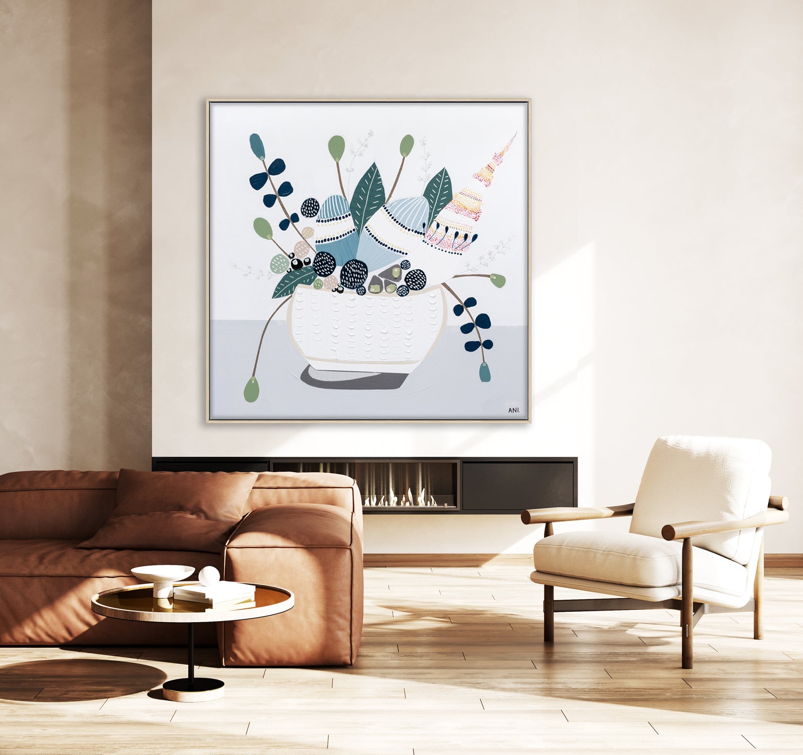 Hamptons Bouquet No. 2 print by Ani Ipradjian – abstract floral art featuring Australian Banksia in a soft blue and green palette. Coastal-inspired wall art perfect for modern interiors, Hamptons décor, and Australian art lovers.