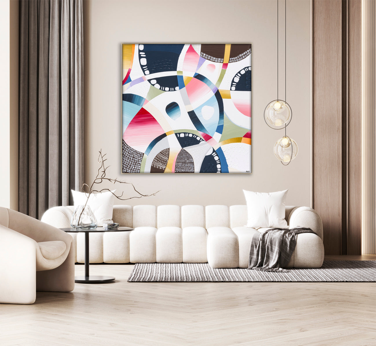 MCG Spirit print by Ani Ipradjian – aerial abstract artwork of the Melbourne Cricket Ground with surrounding cityscape, parklands, and subtle sport-themed details in earthy and vibrant tones.