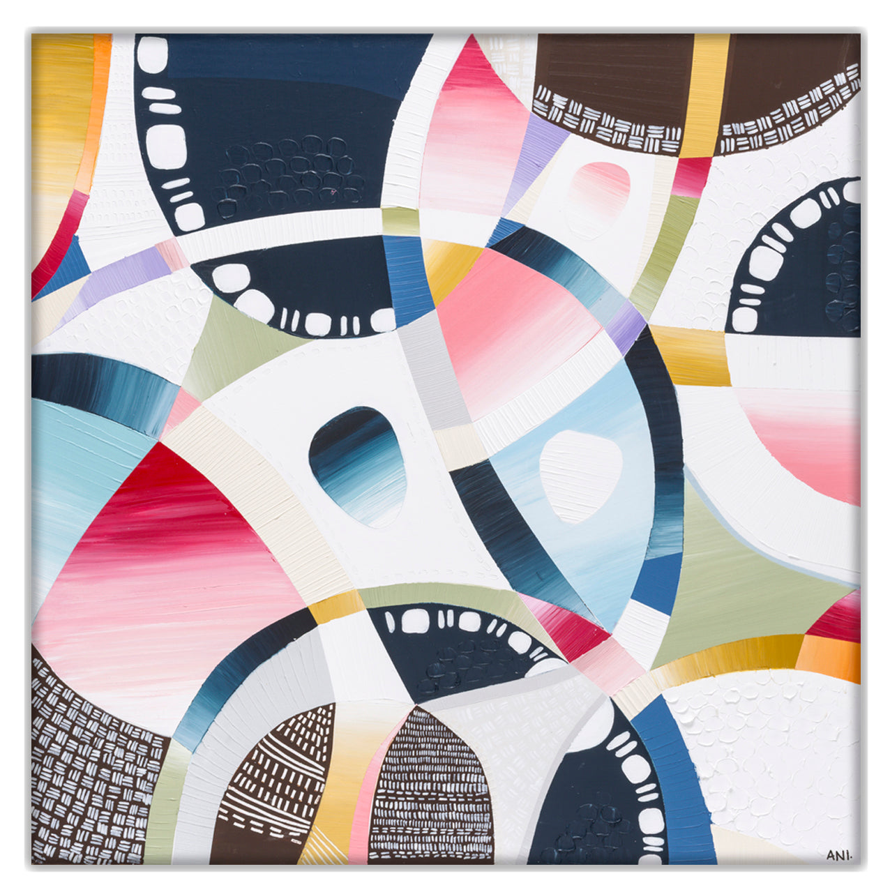 MCG Spirit print by Ani Ipradjian – aerial abstract artwork of the Melbourne Cricket Ground with surrounding cityscape, parklands, and subtle sport-themed details in earthy and vibrant tones.