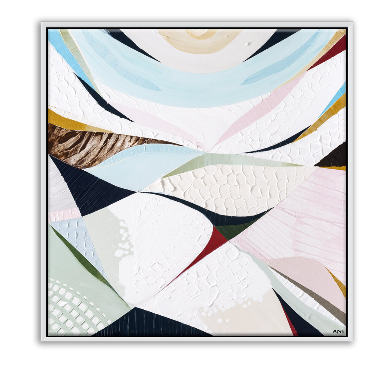 Abstract coastal artwork inspired by Noosa National Park by Australian artist Ani Ipradjian. Features ocean blues, natural textures, and flowing shapes reflecting the Noosa National Park Coastal Walk, Sunshine Beach cliffs, and Queensland’s Sunshine Coast landscape. Ideal for collectors of Australian coastal art, nature wall art, and Noosa-inspired prints and painting