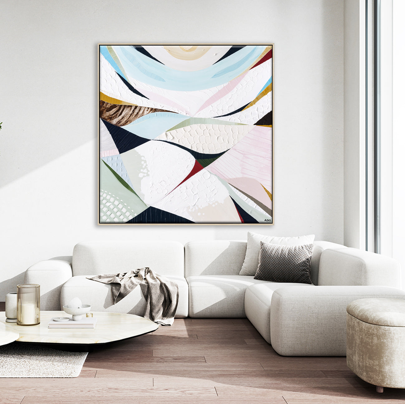 Abstract coastal artwork inspired by Noosa National Park by Australian artist Ani Ipradjian. Features ocean blues, natural textures, and flowing shapes reflecting the Noosa National Park Coastal Walk, Sunshine Beach cliffs, and Queensland’s Sunshine Coast landscape. Ideal for collectors of Australian coastal art, nature wall art, and Noosa-inspired prints and painting