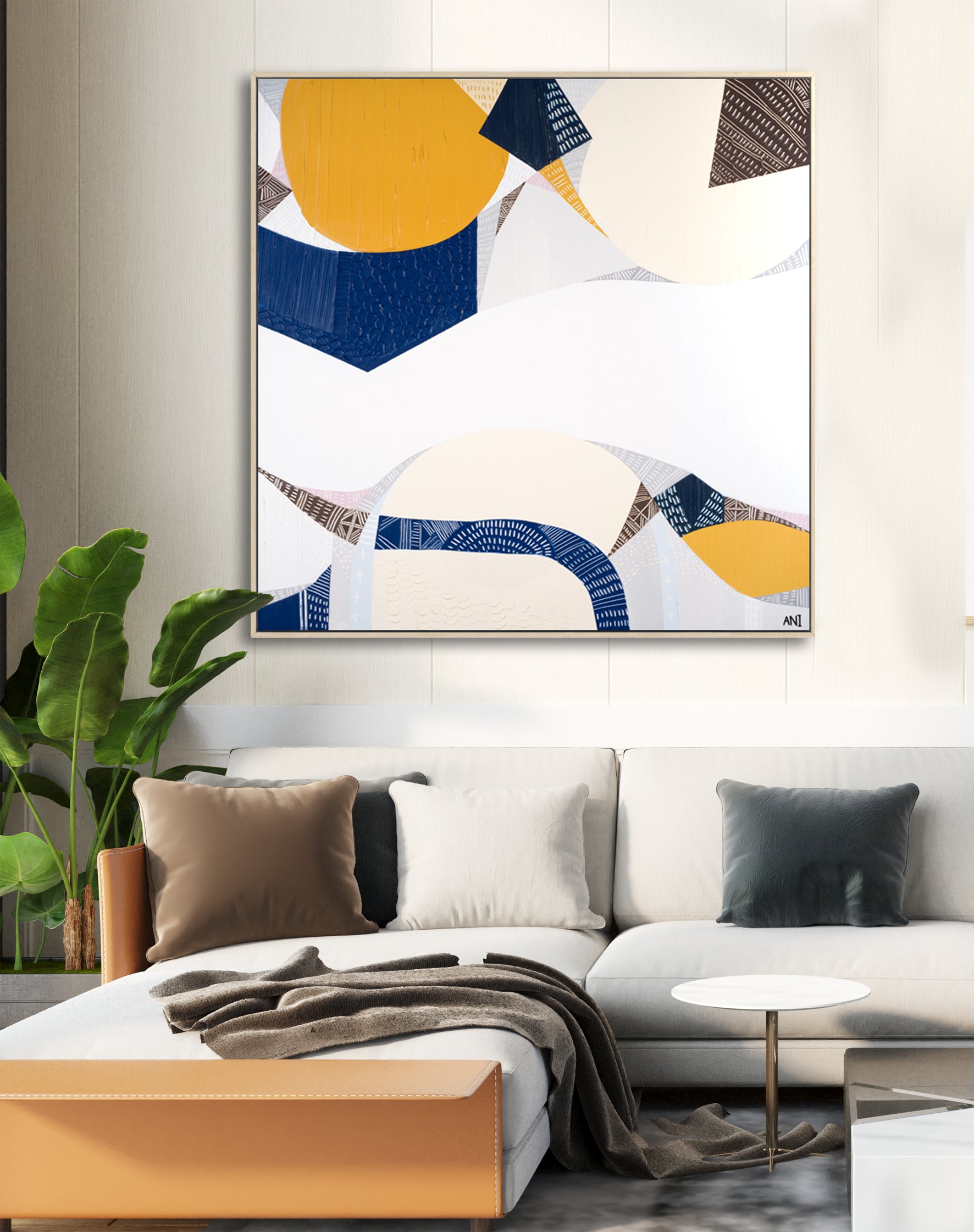 "Outback Australia Sunset print by Ani Ipradjian. Abstract Australian landscape art combining outback gold tones and ocean blues. Perfect for collectors of modern Australian prints and overseas art buyers."