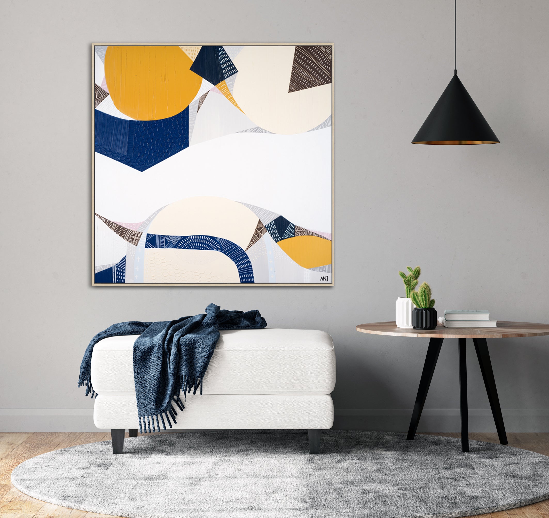 "Outback Australia Sunset print by Ani Ipradjian. Abstract Australian landscape art combining outback gold tones and ocean blues. Perfect for collectors of modern Australian prints and overseas art buyers."