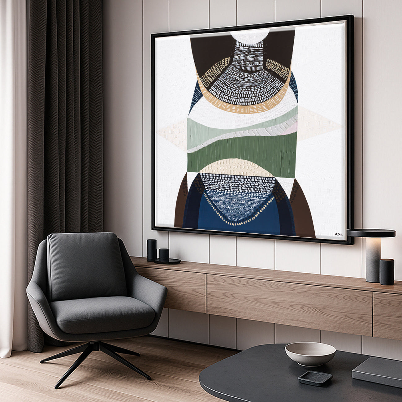 Outback by the Sea by Ani Ipradjian, abstract Australian landscape artwork blending golden outback tones with deep coastal blues, inspired by Australia’s land, sea, and cultural heritage, contemporary wall art.