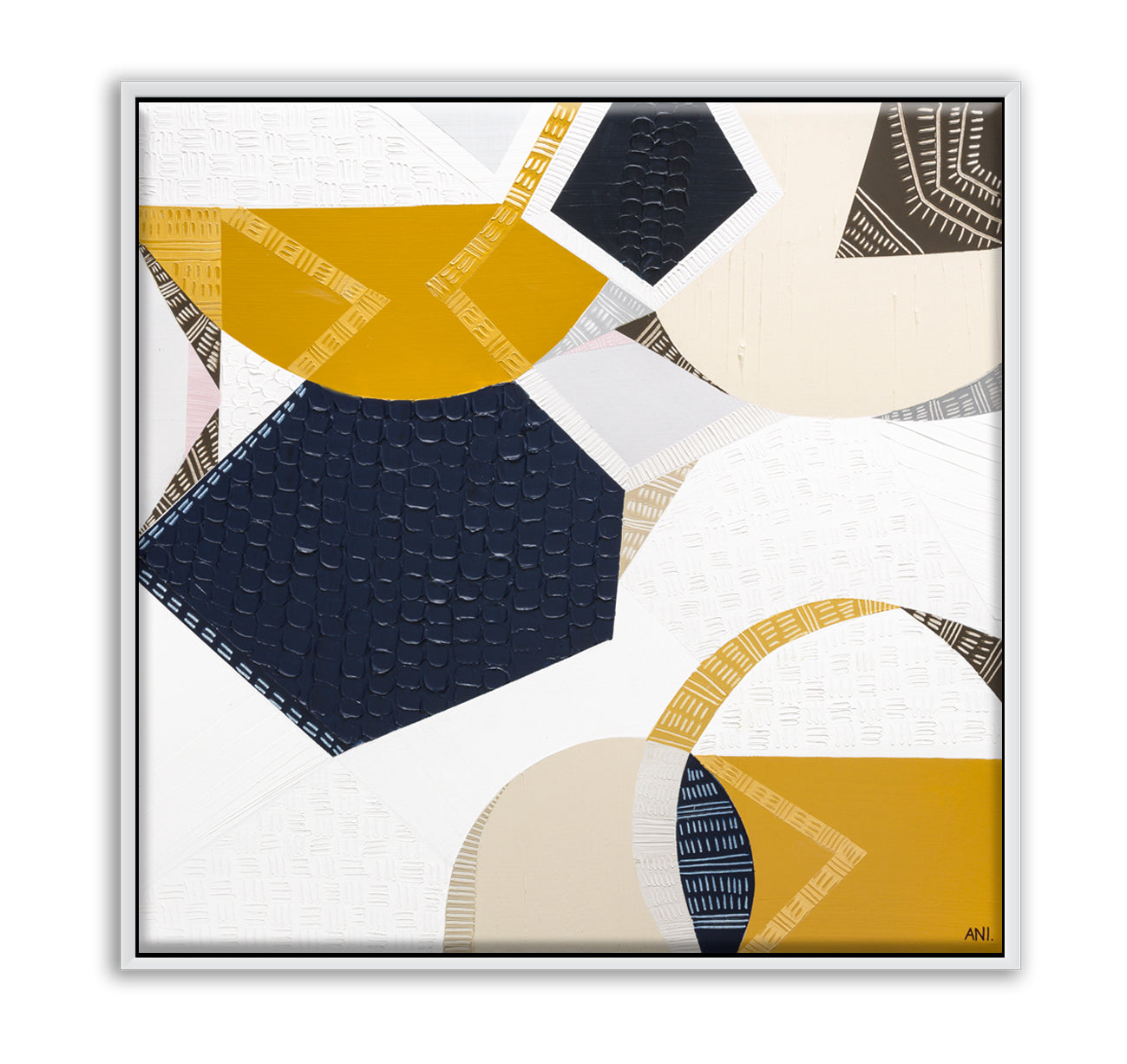 Outback Adventures 2 by Melbourne-based Australian artist Ani Ipradjian — bold abstract Australian Outback landscape painting and print featuring earthy mustard tones, ocean blues, and textured layers inspired by Ani’s cross-country journey from Melbourne to Perth. Captures the vast desert plains, rugged terrain, and natural coastal beauty of Australia. Ideal for art collectors, interior designers, home decorators, and lovers of contemporary Australian landscape art. Available as original artwork and fine a