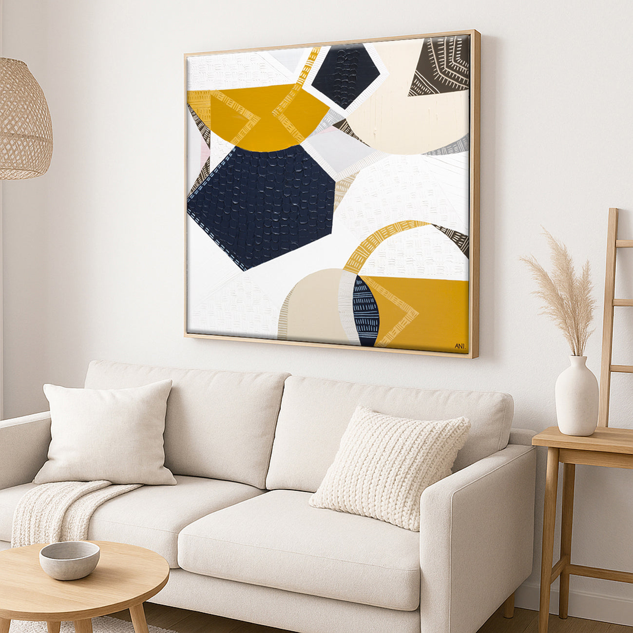 Outback Adventures 2 by Melbourne-based Australian artist Ani Ipradjian — bold abstract Australian Outback landscape painting and print featuring earthy mustard tones, ocean blues, and textured layers inspired by Ani’s cross-country journey from Melbourne to Perth. Captures the vast desert plains, rugged terrain, and natural coastal beauty of Australia. Ideal for art collectors, interior designers, home decorators, and lovers of contemporary Australian landscape art. Available as original artwork and fine a