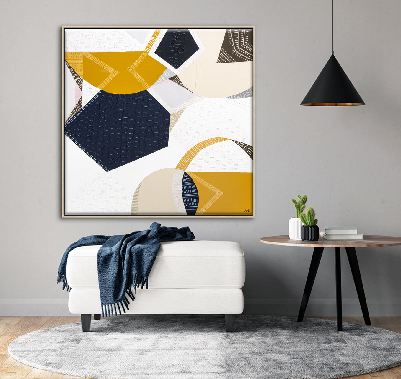 Outback Adventures 2 by Melbourne-based Australian artist Ani Ipradjian — bold abstract Australian Outback landscape painting and print featuring earthy mustard tones, ocean blues, and textured layers inspired by Ani’s cross-country journey from Melbourne to Perth. Captures the vast desert plains, rugged terrain, and natural coastal beauty of Australia. Ideal for art collectors, interior designers, home decorators, and lovers of contemporary Australian landscape art. Available as original artwork and fine a