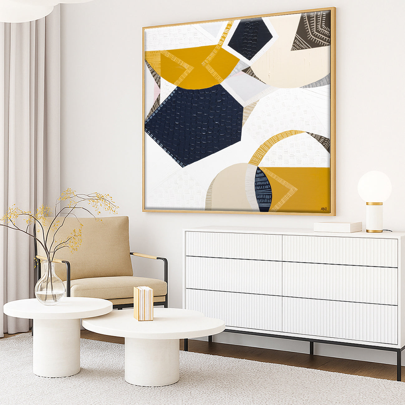 Outback Adventures 2 by Melbourne-based Australian artist Ani Ipradjian — bold abstract Australian Outback landscape painting and print featuring earthy mustard tones, ocean blues, and textured layers inspired by Ani’s cross-country journey from Melbourne to Perth. Captures the vast desert plains, rugged terrain, and natural coastal beauty of Australia. Ideal for art collectors, interior designers, home decorators, and lovers of contemporary Australian landscape art. Available as original artwork and fine a