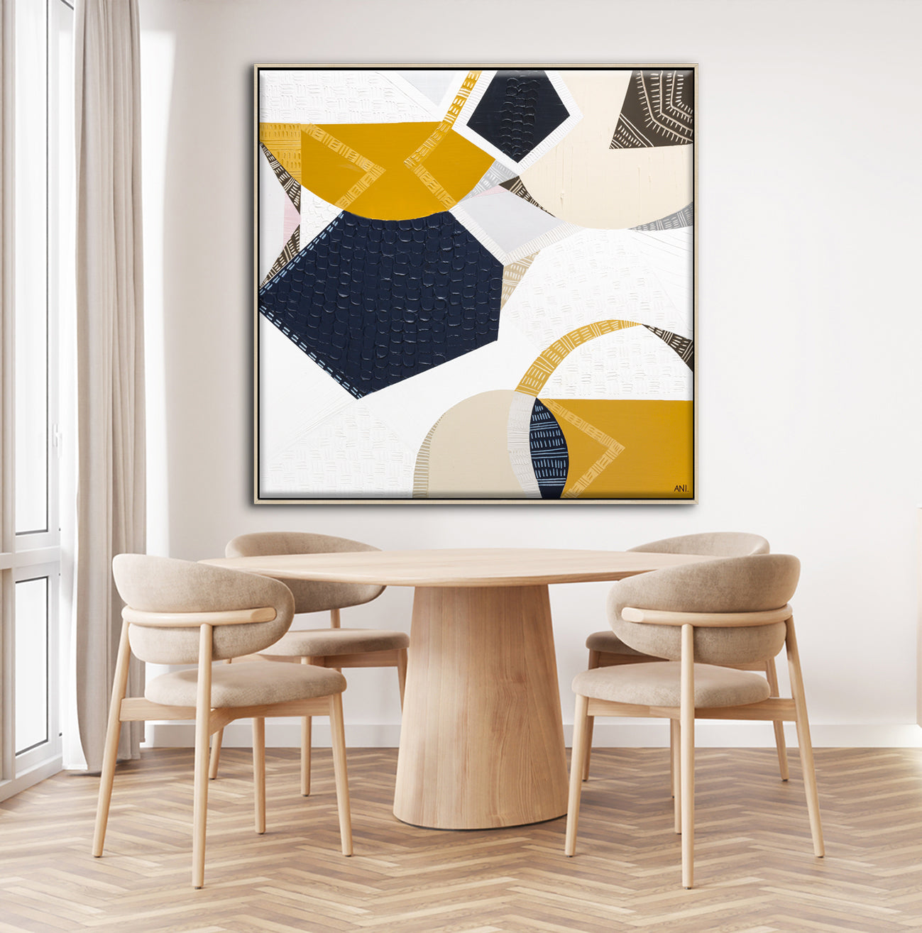 Outback Adventures 2 by Melbourne-based Australian artist Ani Ipradjian — bold abstract Australian Outback landscape painting and print featuring earthy mustard tones, ocean blues, and textured layers inspired by Ani’s cross-country journey from Melbourne to Perth. Captures the vast desert plains, rugged terrain, and natural coastal beauty of Australia. Ideal for art collectors, interior designers, home decorators, and lovers of contemporary Australian landscape art. Available as original artwork and fine a