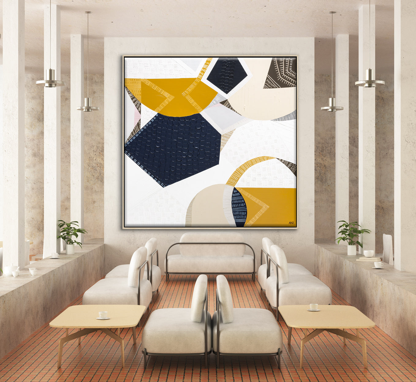 Outback Adventures 2 by Melbourne-based Australian artist Ani Ipradjian — bold abstract Australian Outback landscape painting and print featuring earthy mustard tones, ocean blues, and textured layers inspired by Ani’s cross-country journey from Melbourne to Perth. Captures the vast desert plains, rugged terrain, and natural coastal beauty of Australia. Ideal for art collectors, interior designers, home decorators, and lovers of contemporary Australian landscape art. Available as original artwork and fine a