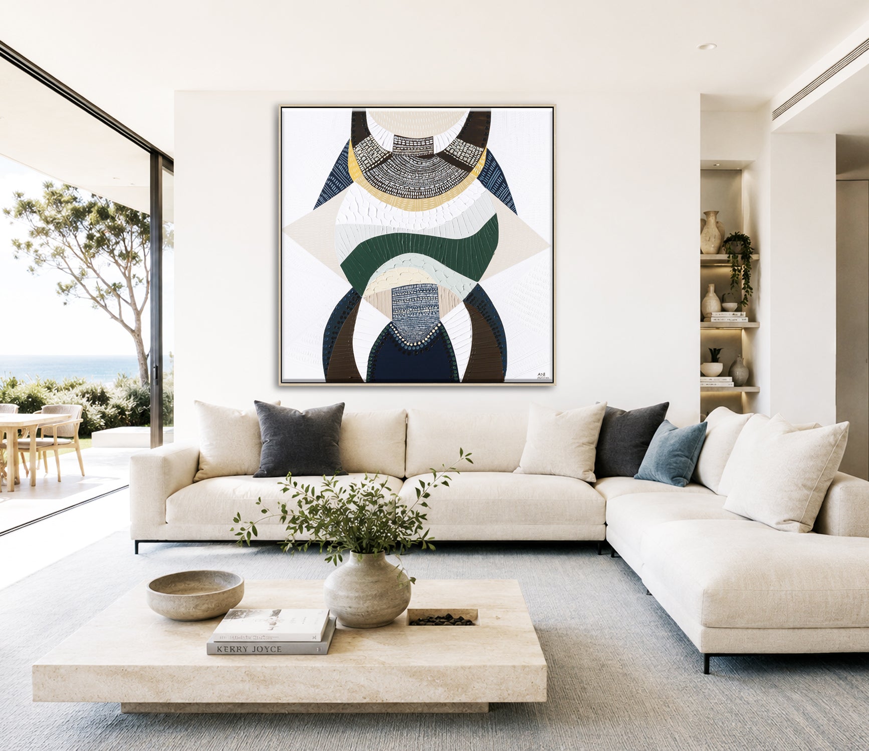 Outback by the Sea original abstract painting by Australian artist Ani Ipradjian, blending Australian Outback landscape and coastal art with earthy browns, mustard, deep blues and metallic gold. Contemporary textured Australian artwork for collectors and modern interiors.