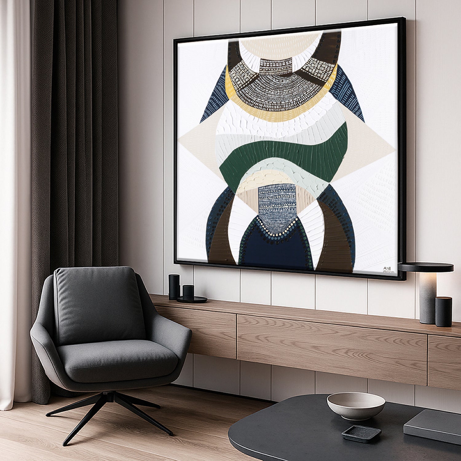 Outback by the Sea original abstract painting by Australian artist Ani Ipradjian, blending Australian Outback landscape and coastal art with earthy browns, mustard, deep blues and metallic gold. Contemporary textured Australian artwork for collectors and modern interiors.