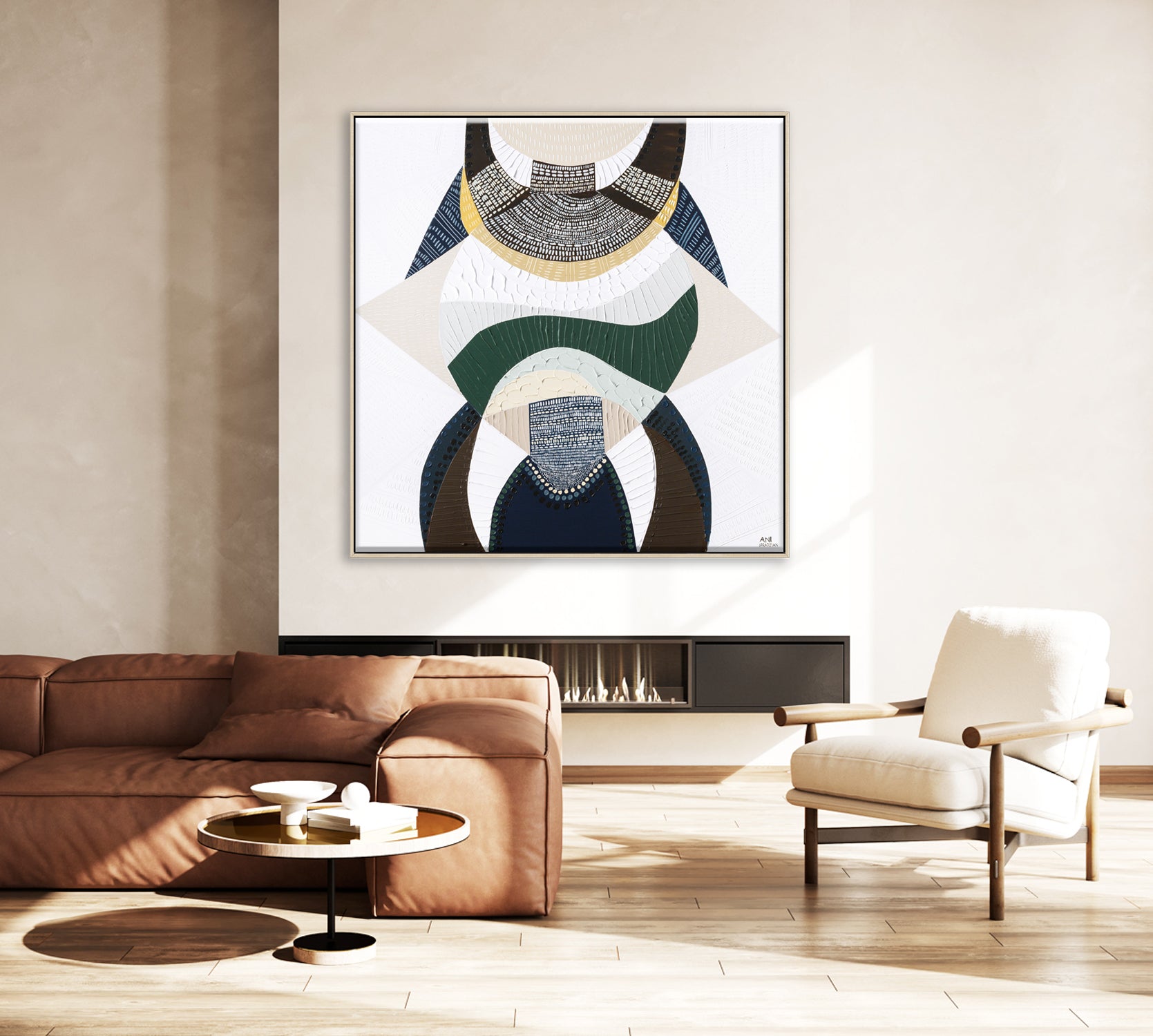 Outback by the Sea original abstract painting by Australian artist Ani Ipradjian, blending Australian Outback landscape and coastal art with earthy browns, mustard, deep blues and metallic gold. Contemporary textured Australian artwork for collectors and modern interiors.