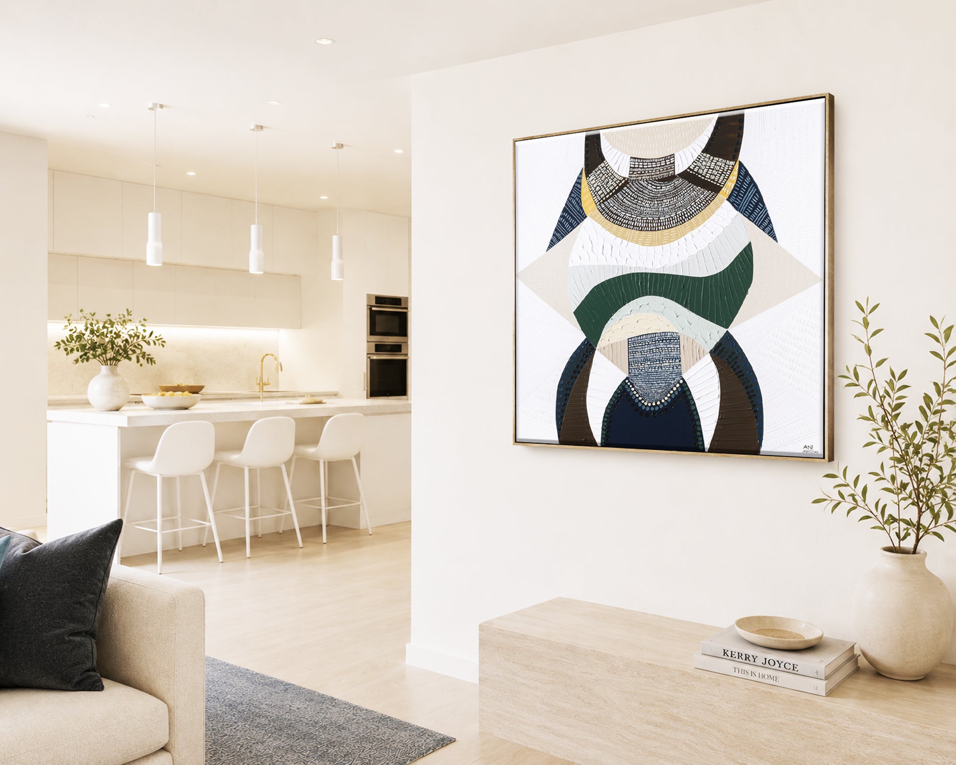 Outback by the Sea original abstract painting by Australian artist Ani Ipradjian, blending Australian Outback landscape and coastal art with earthy browns, mustard, deep blues and metallic gold. Contemporary textured Australian artwork for collectors and modern interiors.
