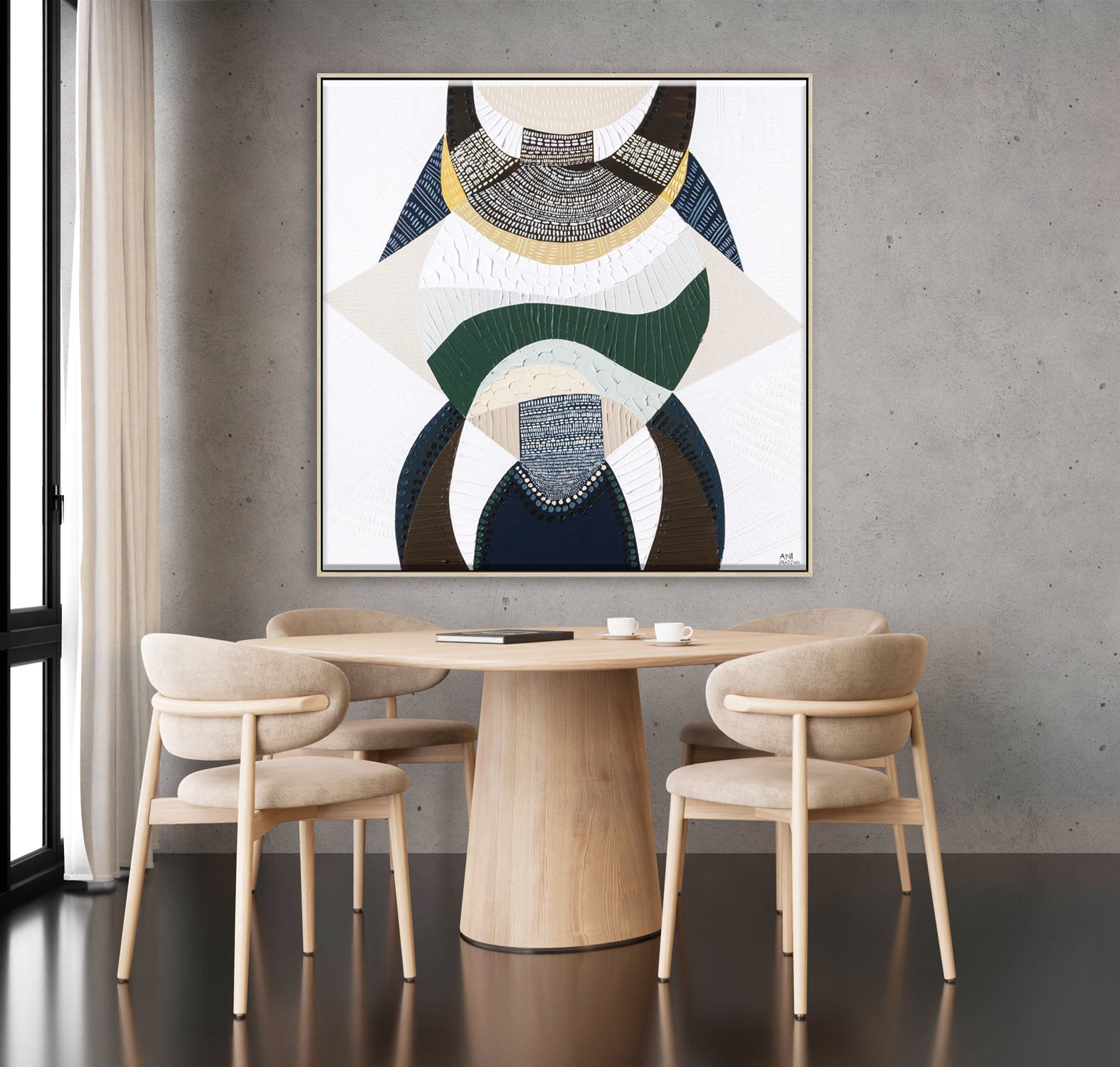 Outback by the Sea original abstract painting by Australian artist Ani Ipradjian, blending Australian Outback landscape and coastal art with earthy browns, mustard, deep blues and metallic gold. Contemporary textured Australian artwork for collectors and modern interiors.