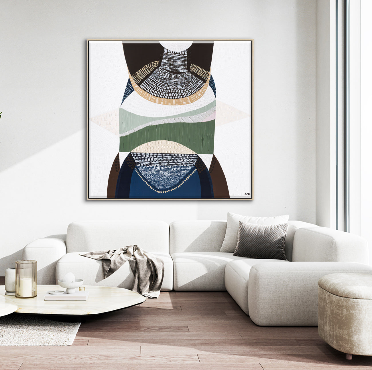 Outback by the Sea by Ani Ipradjian, abstract Australian landscape artwork blending golden outback tones with deep coastal blues, inspired by Australia’s land, sea, and cultural heritage, contemporary wall art.