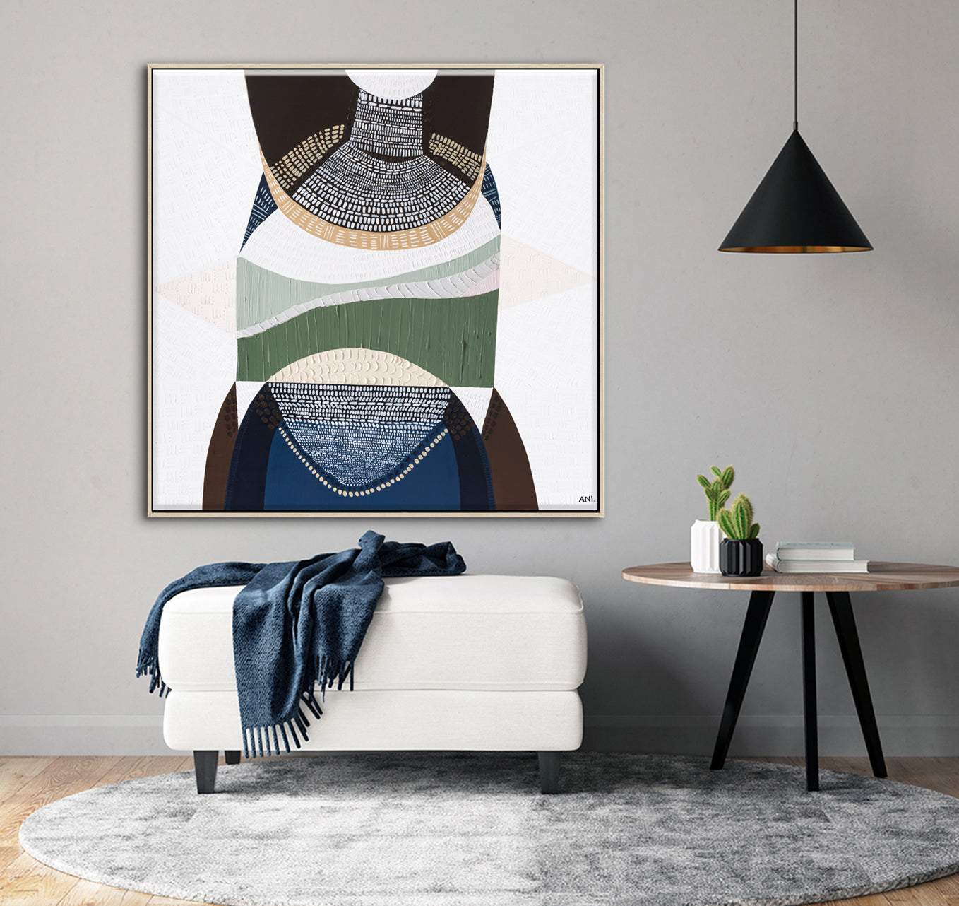 Outback by the Sea by Ani Ipradjian, abstract Australian landscape artwork blending golden outback tones with deep coastal blues, inspired by Australia’s land, sea, and cultural heritage, contemporary wall art.