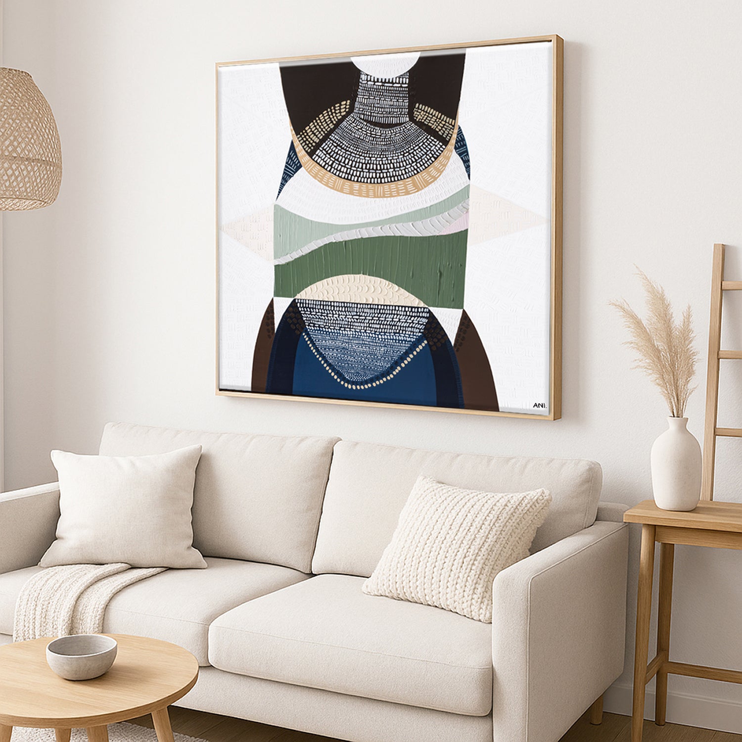 Outback by the Sea by Ani Ipradjian, abstract Australian landscape artwork blending golden outback tones with deep coastal blues, inspired by Australia’s land, sea, and cultural heritage, contemporary wall art.