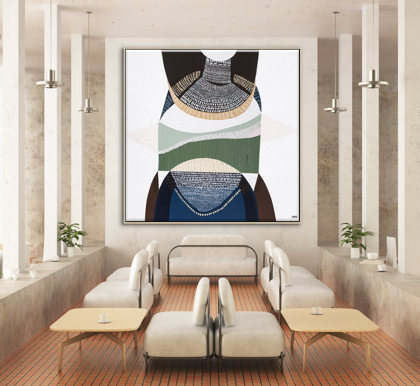 Outback by the Sea by Ani Ipradjian, abstract Australian landscape artwork blending golden outback tones with deep coastal blues, inspired by Australia’s land, sea, and cultural heritage, contemporary wall art.