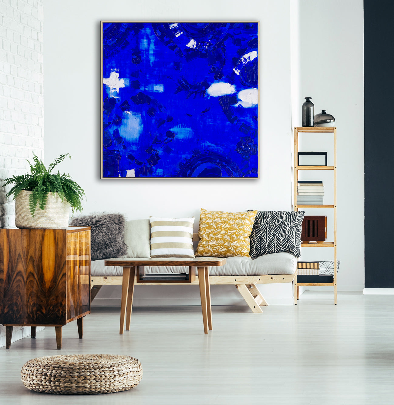 “Peninsula Life” coastal print by Ani Ipradjian – abstract artwork inspired by Victoria’s Mornington Peninsula, featuring ocean blues and soft cliffside textures.