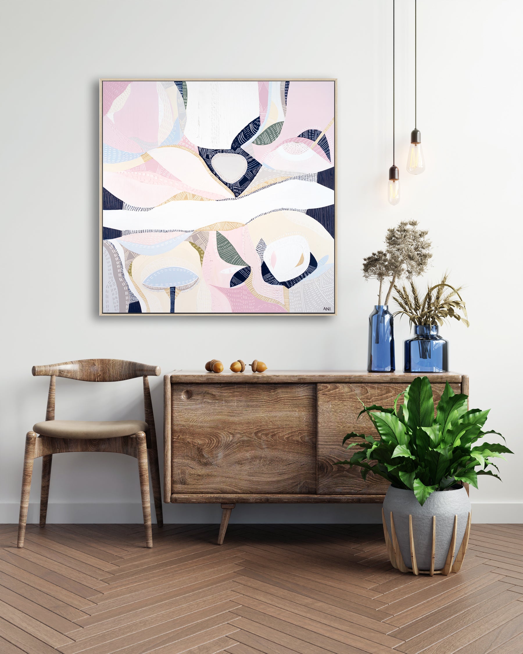 "Pink Lake Essence 1 print by Australian artist Ani Ipradjian – abstract art inspired by Pink Lake in Esperance, Western Australia. Features vivid pink and ocean blue tones. Ideal for coastal decor, landscape art collectors, and international art lovers."