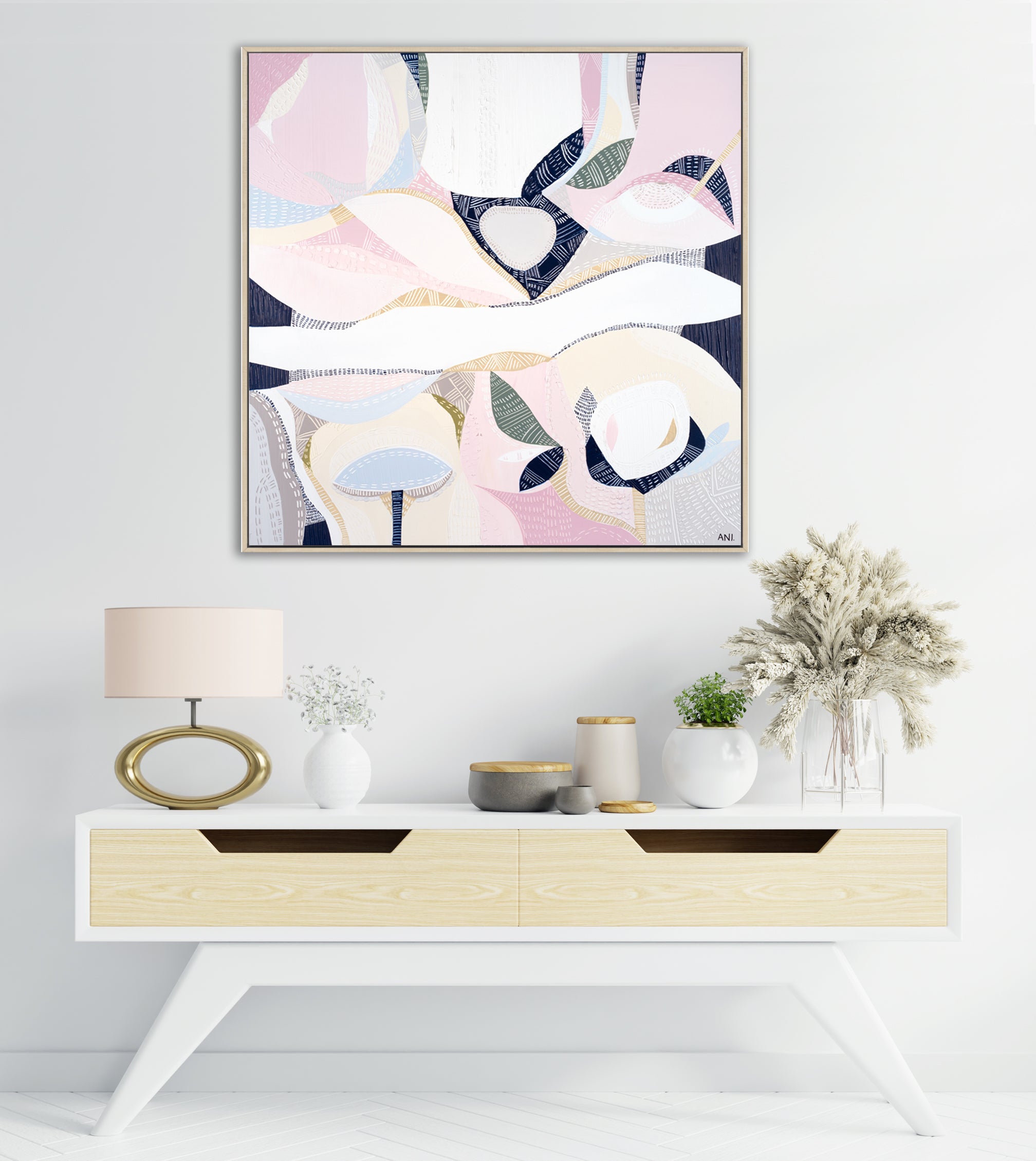 "Pink Lake Essence 1 print by Australian artist Ani Ipradjian – abstract art inspired by Pink Lake in Esperance, Western Australia. Features vivid pink and ocean blue tones. Ideal for coastal decor, landscape art collectors, and international art lovers."