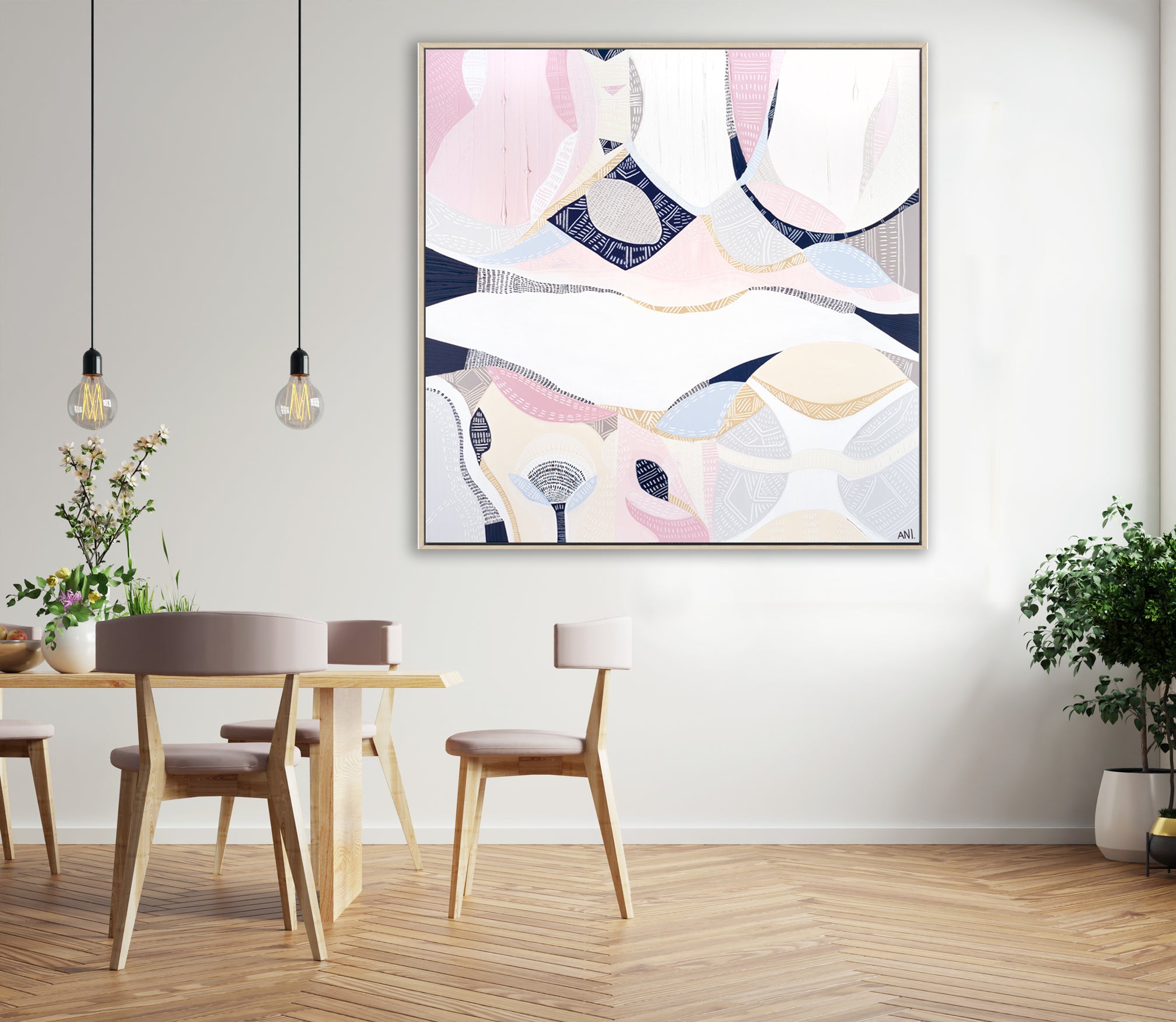 "Pink Lake Essence 2 print by Australian artist Ani Ipradjian – abstract art inspired by Pink Lake in Esperance, Western Australia. Features vivid pink and ocean blue tones. Ideal for coastal decor, landscape art collectors, and international art lovers."