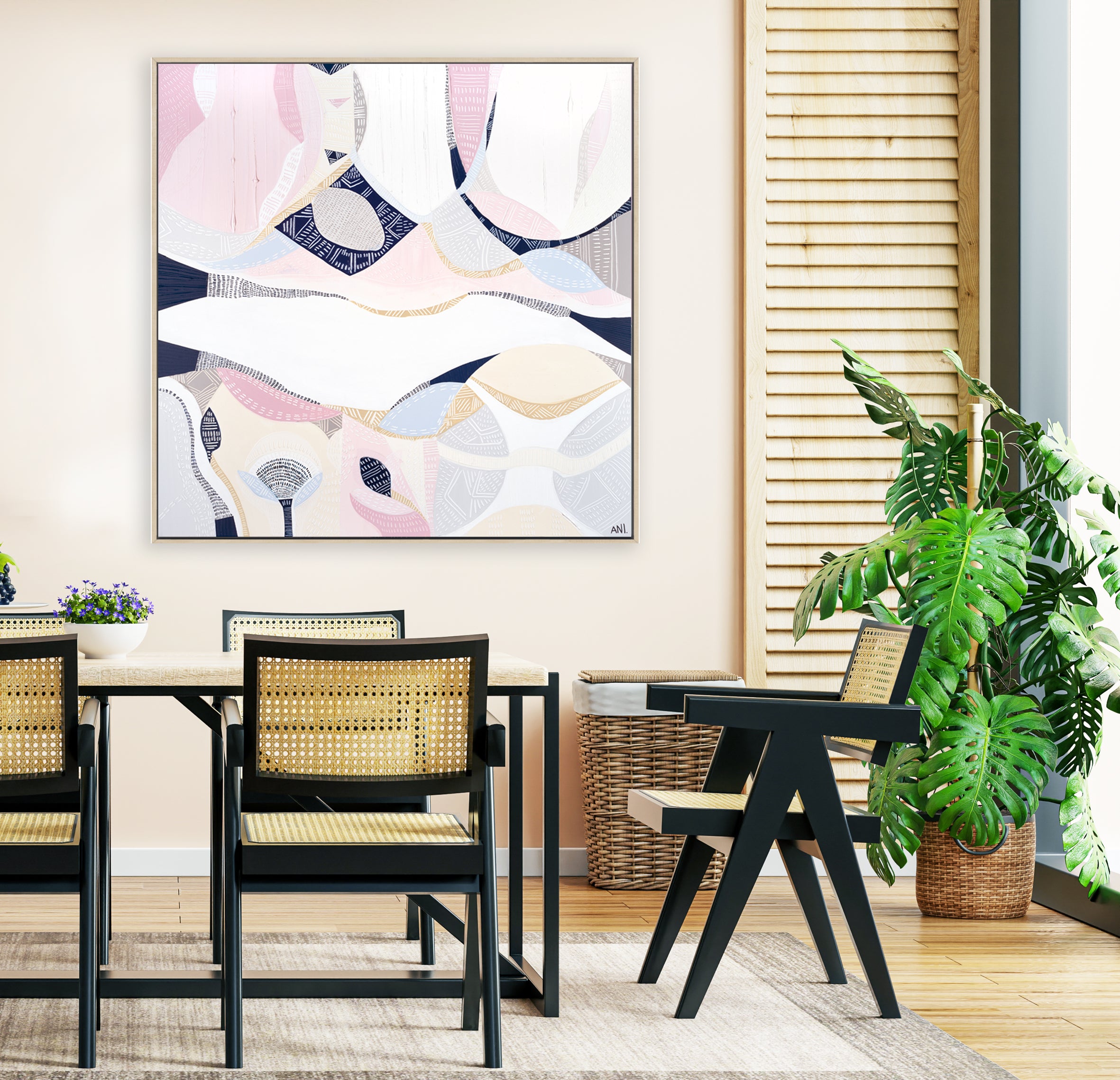 "Pink Lake Essence 2 print by Australian artist Ani Ipradjian – abstract art inspired by Pink Lake in Esperance, Western Australia. Features vivid pink and ocean blue tones. Ideal for coastal decor, landscape art collectors, and international art lovers."