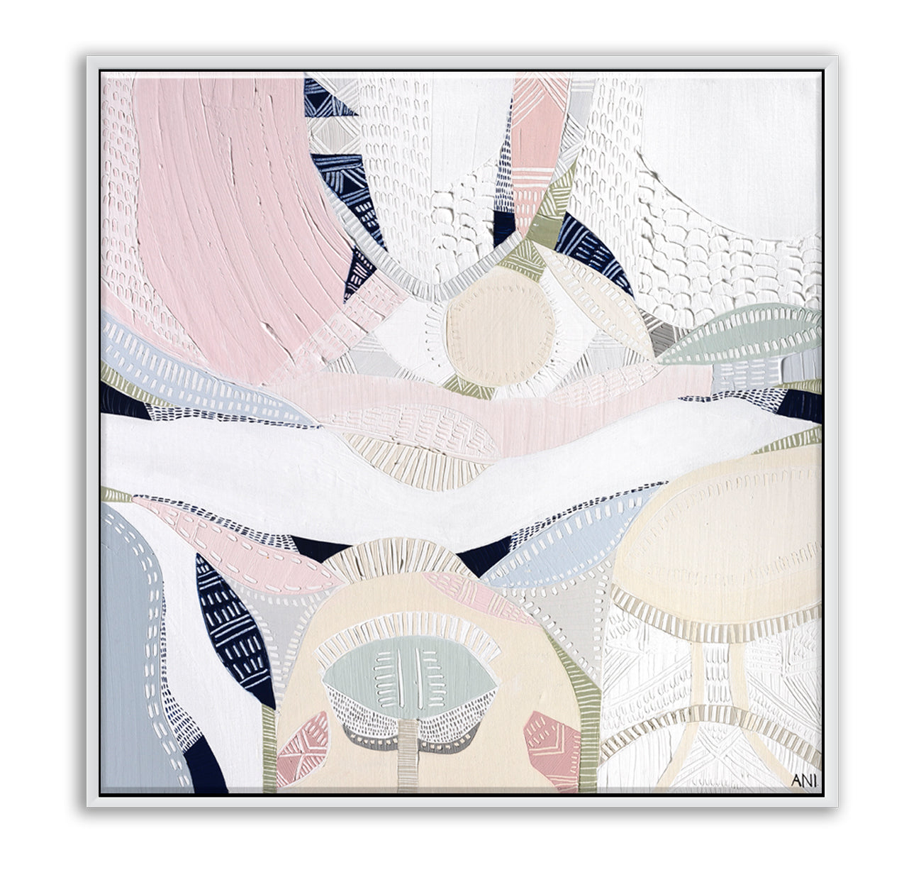 "Pink Lake Love 1" print by Australian artist Ani Ipradjian – abstract artwork inspired by the pink salt lakes of Esperance, WA, featuring soft pink and ocean blue tones for coastal and modern interiors.