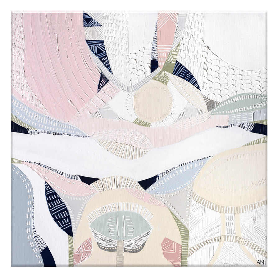 "Pink Lake Love 2" print by Australian artist Ani Ipradjian – abstract artwork inspired by the pink salt lakes of Esperance, WA, featuring soft pink and ocean blue tones for coastal and modern interiors.