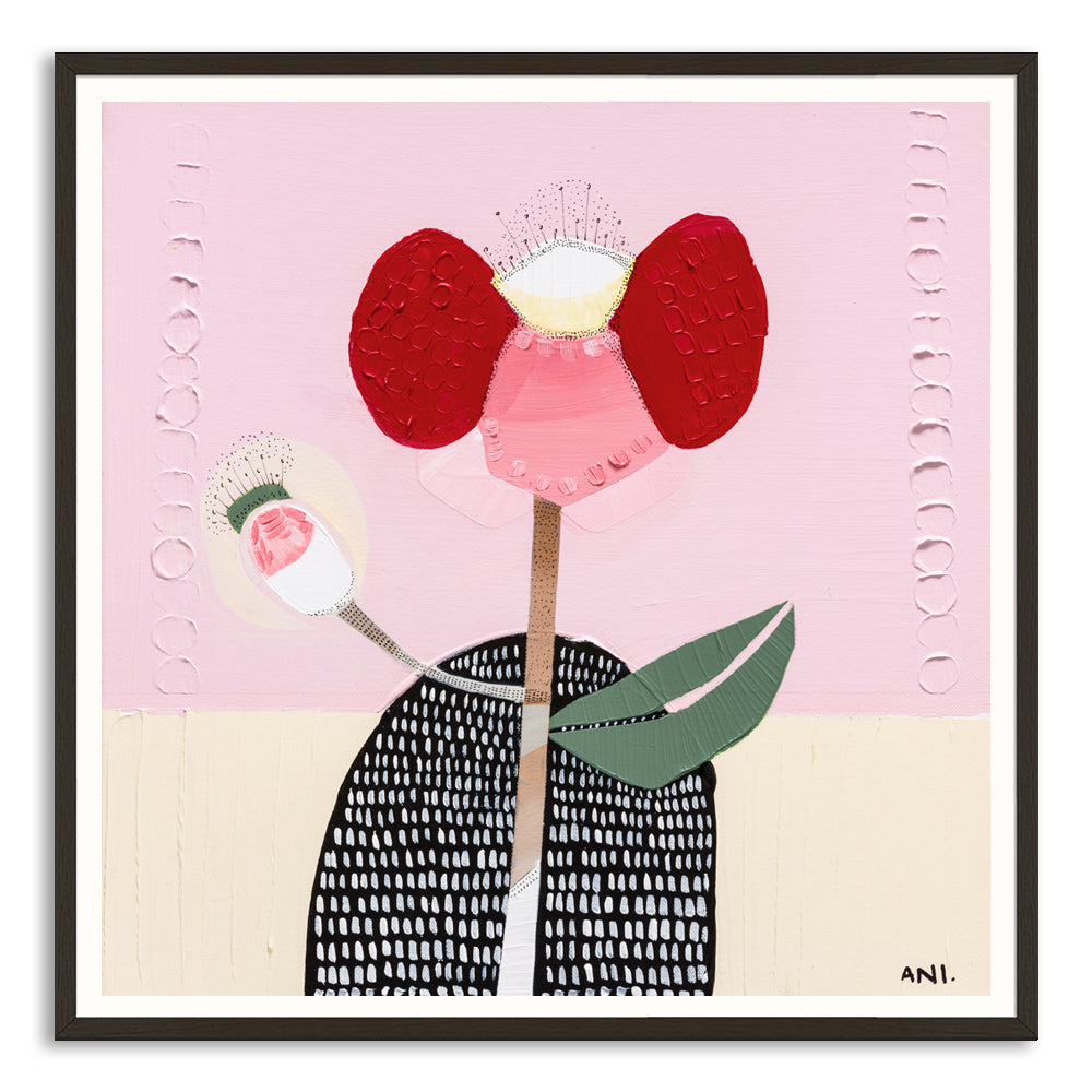 Abstract print of a bold poppy flower with symbolic human-like posture—one petal raised like an arm, another curved at the side—representing strength, resilience, and childhood memories. Contemporary Australian botanical art by Ani Ipradjian.