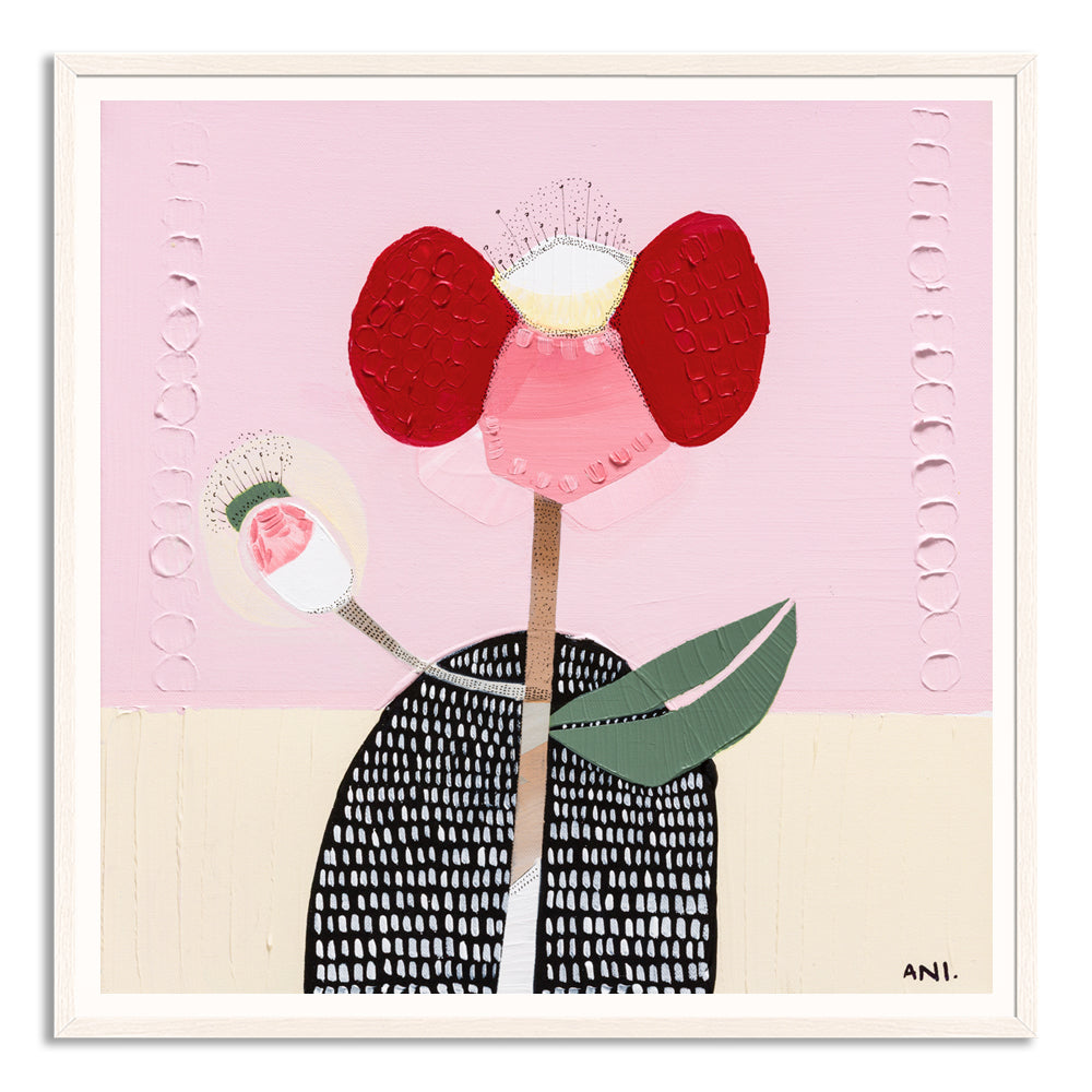 Abstract print of a bold poppy flower with symbolic human-like posture—one petal raised like an arm, another curved at the side—representing strength, resilience, and childhood memories. Contemporary Australian botanical art by Ani Ipradjian.