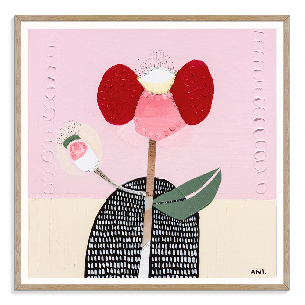 Abstract print of a bold poppy flower with symbolic human-like posture—one petal raised like an arm, another curved at the side—representing strength, resilience, and childhood memories. Contemporary Australian botanical art by Ani Ipradjian.