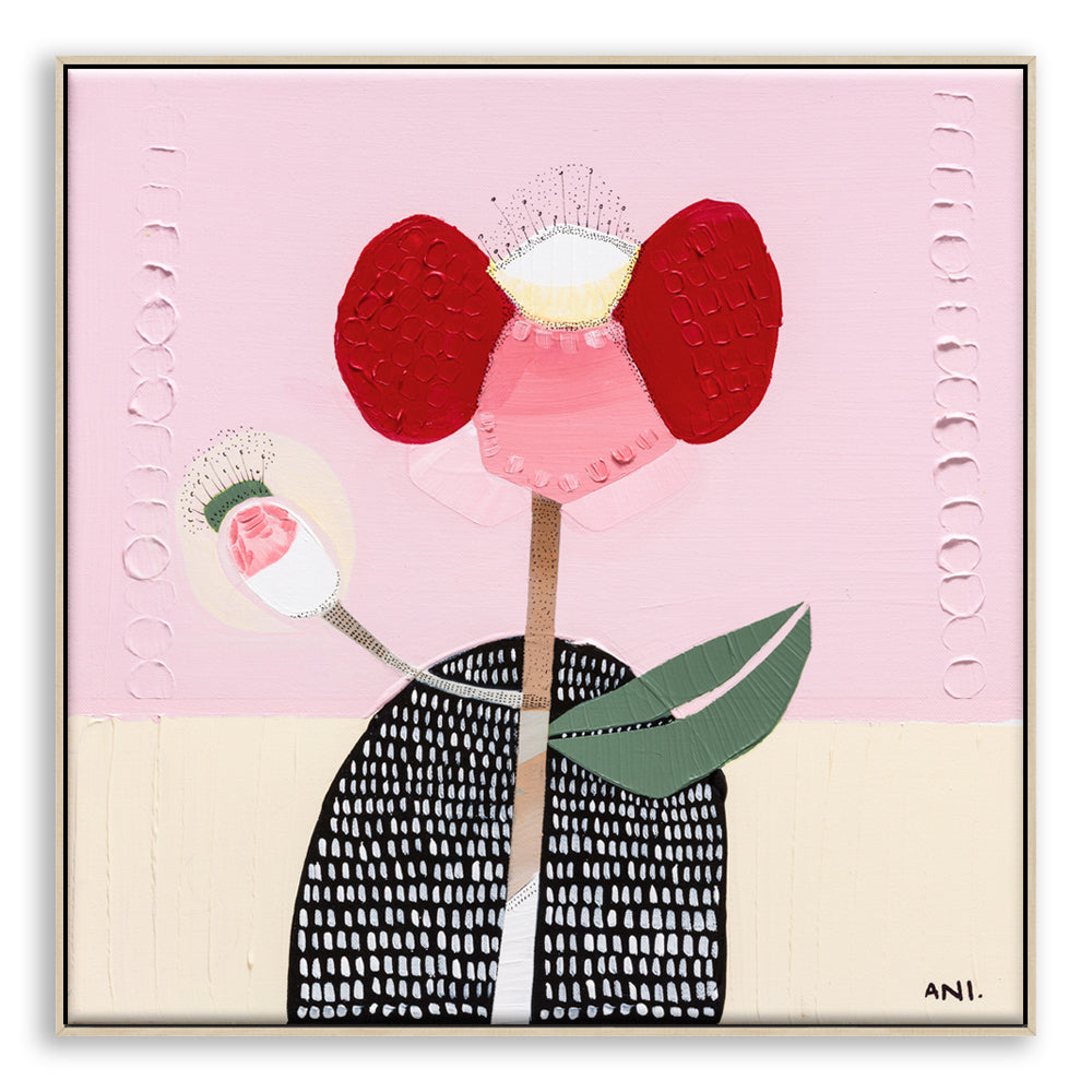 Abstract painting of a bold red poppy flower on a textured background, symbolizing strength and resilience. One petal resembles a raised arm and another curves like a hand on a hip, inspired by childhood memories. Created by Australian artist Ani Ipradjian.