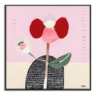 Abstract painting of a bold red poppy flower on a textured background, symbolizing strength and resilience. One petal resembles a raised arm and another curves like a hand on a hip, inspired by childhood memories. Created by Australian artist Ani Ipradjian.