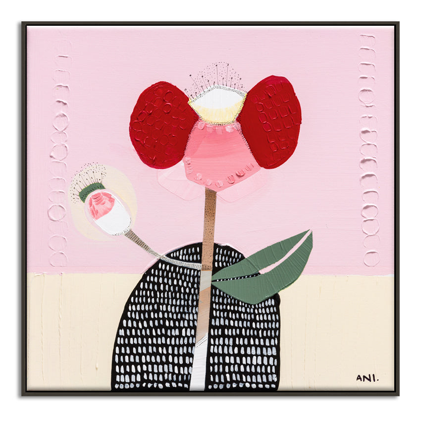 Abstract painting of a bold red poppy flower on a textured background, symbolizing strength and resilience. One petal resembles a raised arm and another curves like a hand on a hip, inspired by childhood memories. Created by Australian artist Ani Ipradjian.