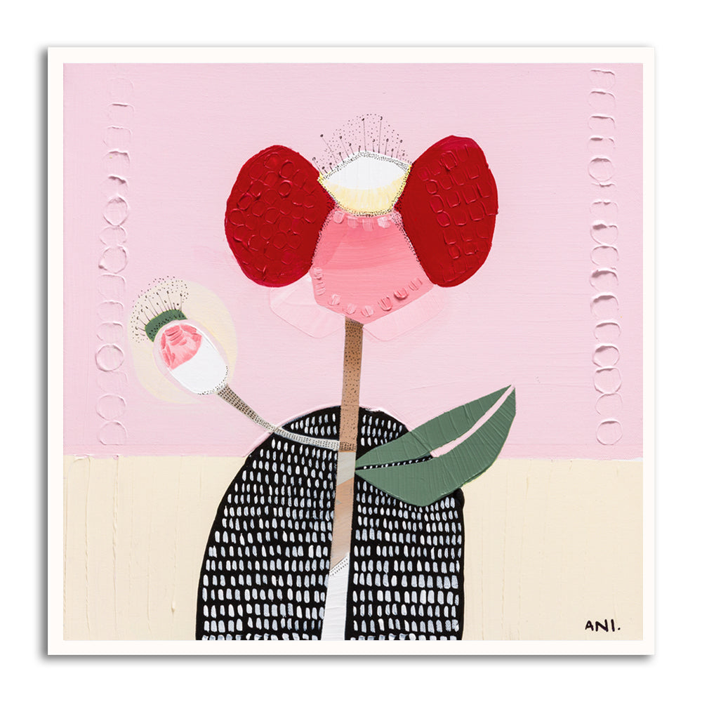 Abstract print of a bold poppy flower with symbolic human-like posture—one petal raised like an arm, another curved at the side—representing strength, resilience, and childhood memories. Contemporary Australian botanical art by Ani Ipradjian.