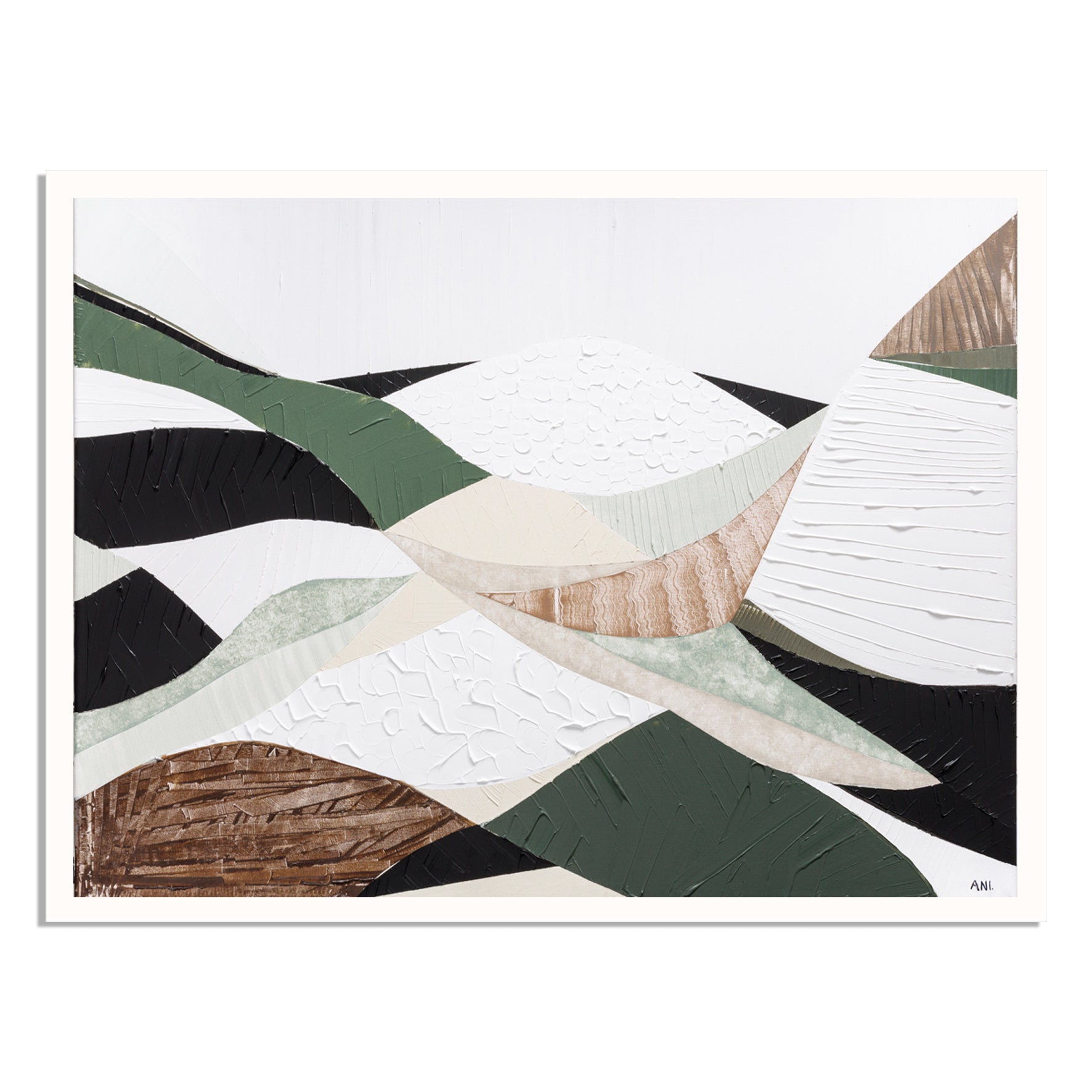 Eastern Highlands print by Melbourne artist Ani Ipradjian. Abstract Australian mountain landscape inspired by the Great Dividing Range, featuring earthy browns, sage greens, and textured details. Perfect wall art for collectors, interior designers, and nature lovers worldwide. Free shipping Australia-wide with international delivery available.