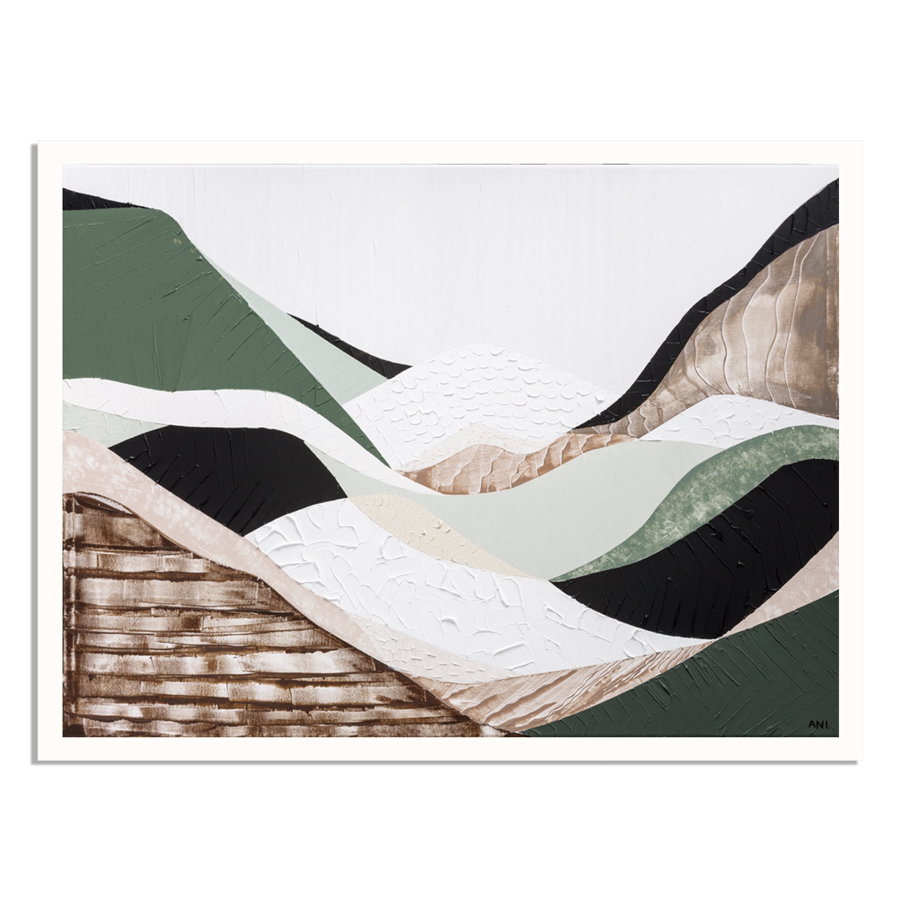 Eastern Highlands  print by Melbourne artist Ani Ipradjian. Abstract Australian mountain landscape inspired by the Great Dividing Range, featuring earthy browns, sage greens, and textured details. Perfect wall art for collectors, interior designers, and nature lovers worldwide. Free shipping Australia-wide with international delivery available.