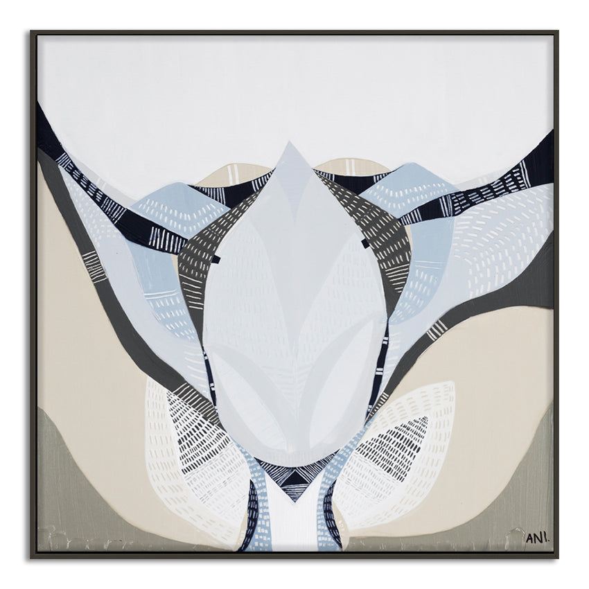 Abstract floral artwork titled Protea Under the Sea 1 by Australian artist Ani Ipradjian. Features textured layers and flowing forms inspired by the blooming Protea flower, symbolizing transformation. Combines earthy and oceanic tones, ideal for collectors of contemporary Australian botanical art worldwide.
