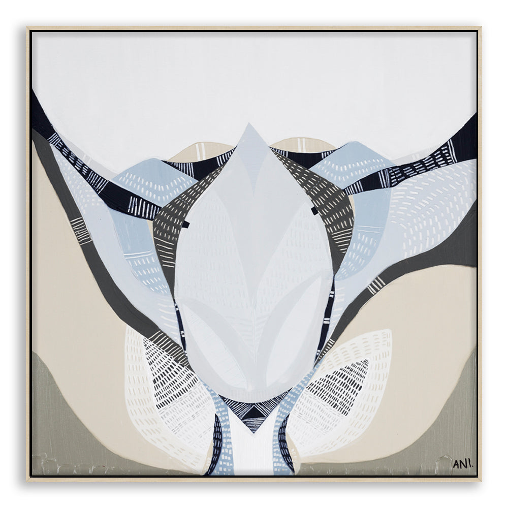 Abstract floral artwork titled Protea Under the Sea 1 by Australian artist Ani Ipradjian. Features textured layers and flowing forms inspired by the blooming Protea flower, symbolizing transformation. Combines earthy and oceanic tones, ideal for collectors of contemporary Australian botanical art worldwide.