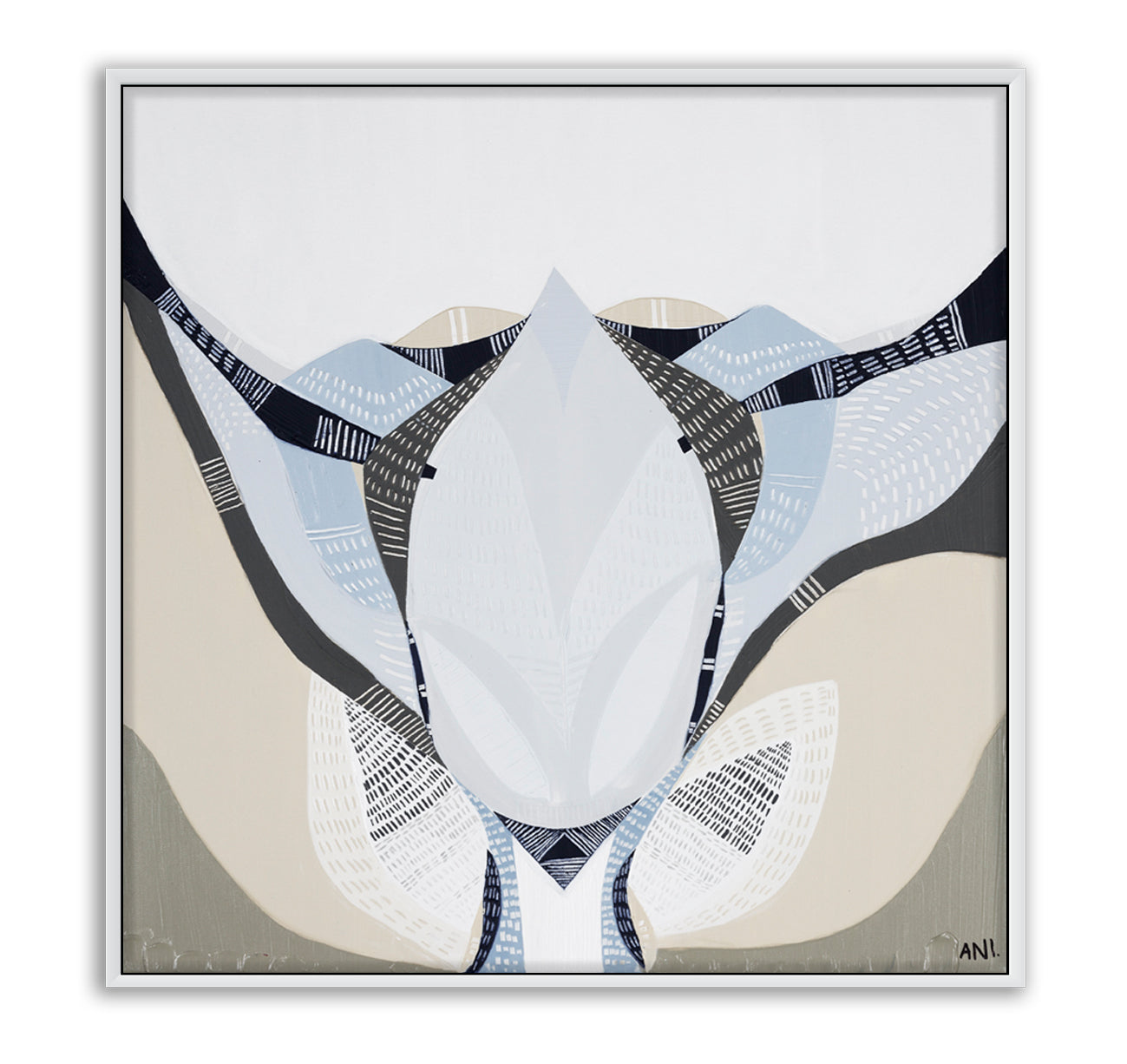 Abstract floral artwork titled Protea Under the Sea 1 by Australian artist Ani Ipradjian. Features textured layers and flowing forms inspired by the blooming Protea flower, symbolizing transformation. Combines earthy and oceanic tones, ideal for collectors of contemporary Australian botanical art worldwide.