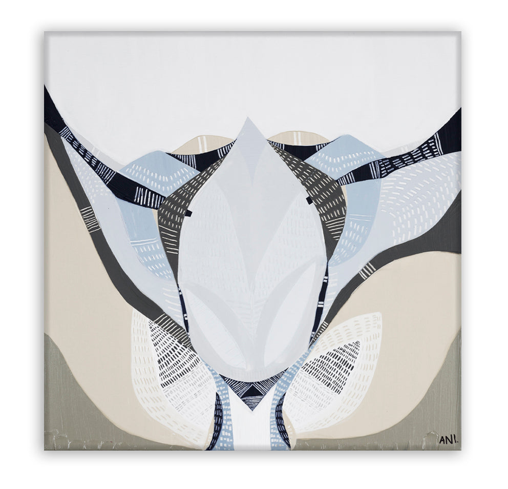 Abstract floral artwork titled Protea Under the Sea 1 by Australian artist Ani Ipradjian. Features textured layers and flowing forms inspired by the blooming Protea flower, symbolizing transformation. Combines earthy and oceanic tones, ideal for collectors of contemporary Australian botanical art worldwide.