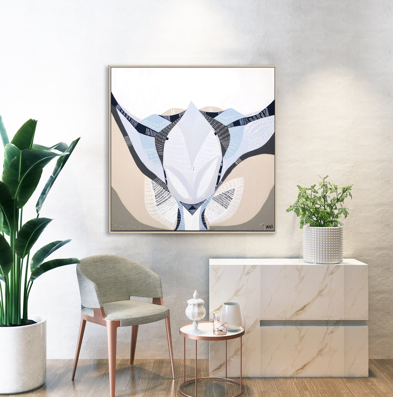 Abstract floral artwork titled Protea Under the Sea 1 by Australian artist Ani Ipradjian. Features textured layers and flowing forms inspired by the blooming Protea flower, symbolizing transformation. Combines earthy and oceanic tones, ideal for collectors of contemporary Australian botanical art worldwide.