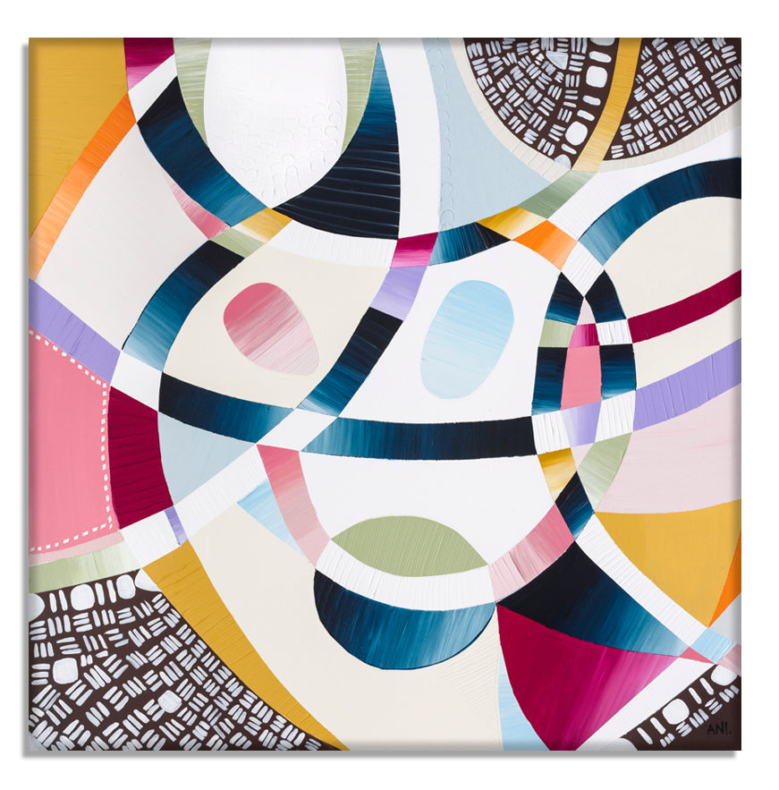 Rainbow Beach print by Ani Ipradjian – a vibrant abstract artwork inspired by Queensland’s iconic Rainbow Beach, featuring bold textured layers, multicoloured sands, and coastal tones. Ideal for collectors of Australian art and coastal decor worldwide.