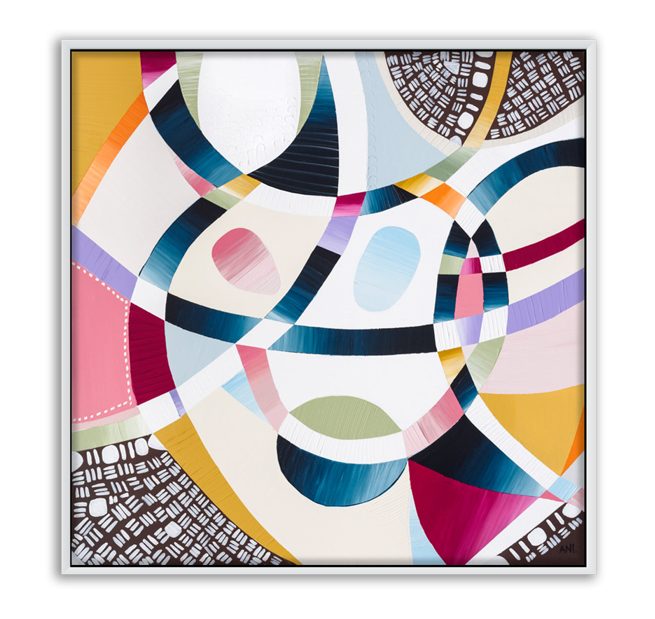 Rainbow Beach print by Ani Ipradjian – a vibrant abstract artwork inspired by Queensland’s iconic Rainbow Beach, featuring bold textured layers, multicoloured sands, and coastal tones. Ideal for collectors of Australian art and coastal decor worldwide.