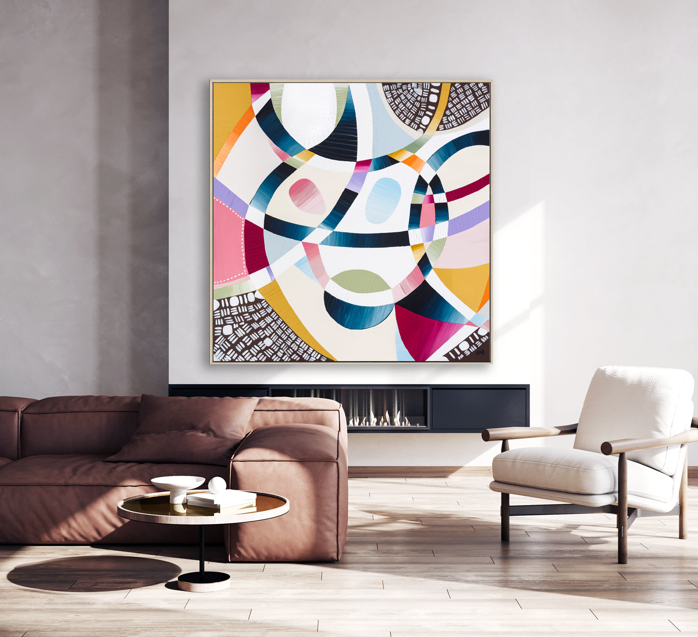 Rainbow Beach print by Ani Ipradjian – a vibrant abstract artwork inspired by Queensland’s iconic Rainbow Beach, featuring bold textured layers, multicoloured sands, and coastal tones. Ideal for collectors of Australian art and coastal decor worldwide.