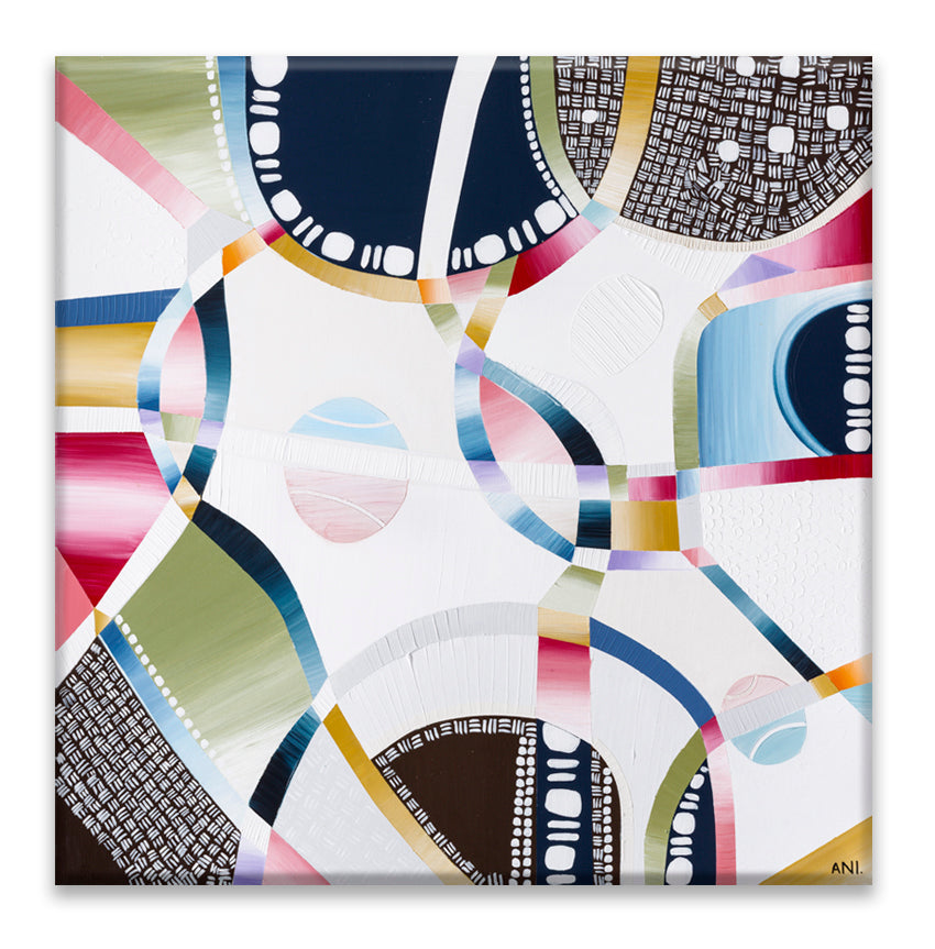 Rod Laver Arena print by Ani Ipradjian – abstract aerial view featuring tennis balls, textured layers, and Melbourne’s iconic venue architecture.