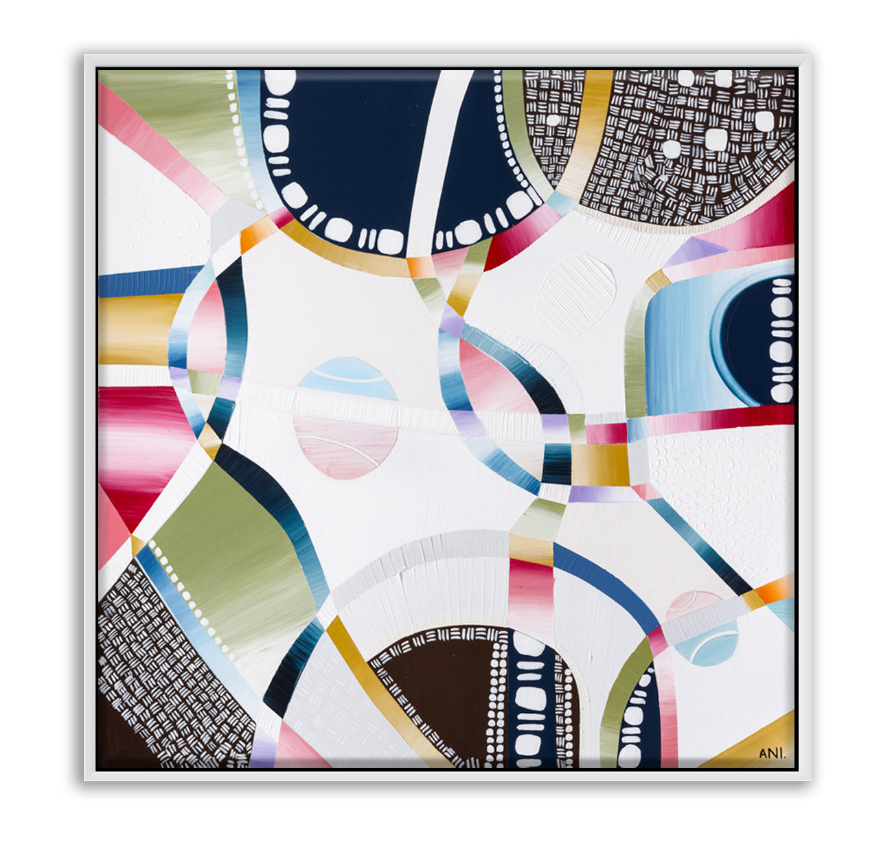 Rod Laver Arena print by Ani Ipradjian – abstract aerial view featuring tennis balls, textured layers, and Melbourne’s iconic venue architecture.